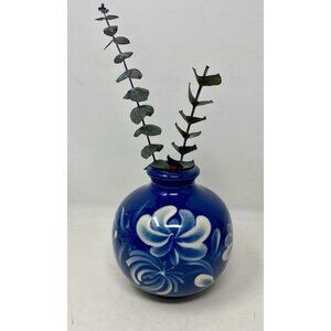 Baumann Gruyeres Blue White Floral Handmade Hand Painted Bubble Vase 5" Signed